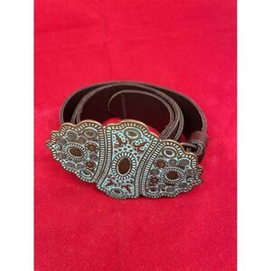 Copper Brass Patina Medallion Buckle Brown Leather Belt Buckle Brand Women's L